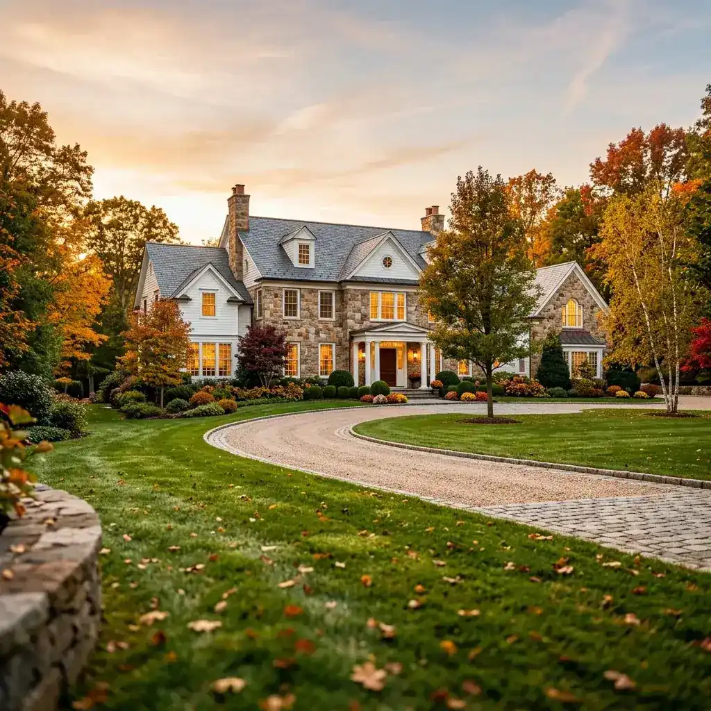 Luxury Connecticut estate at golden hour, representing high-end homes in Glastonbury